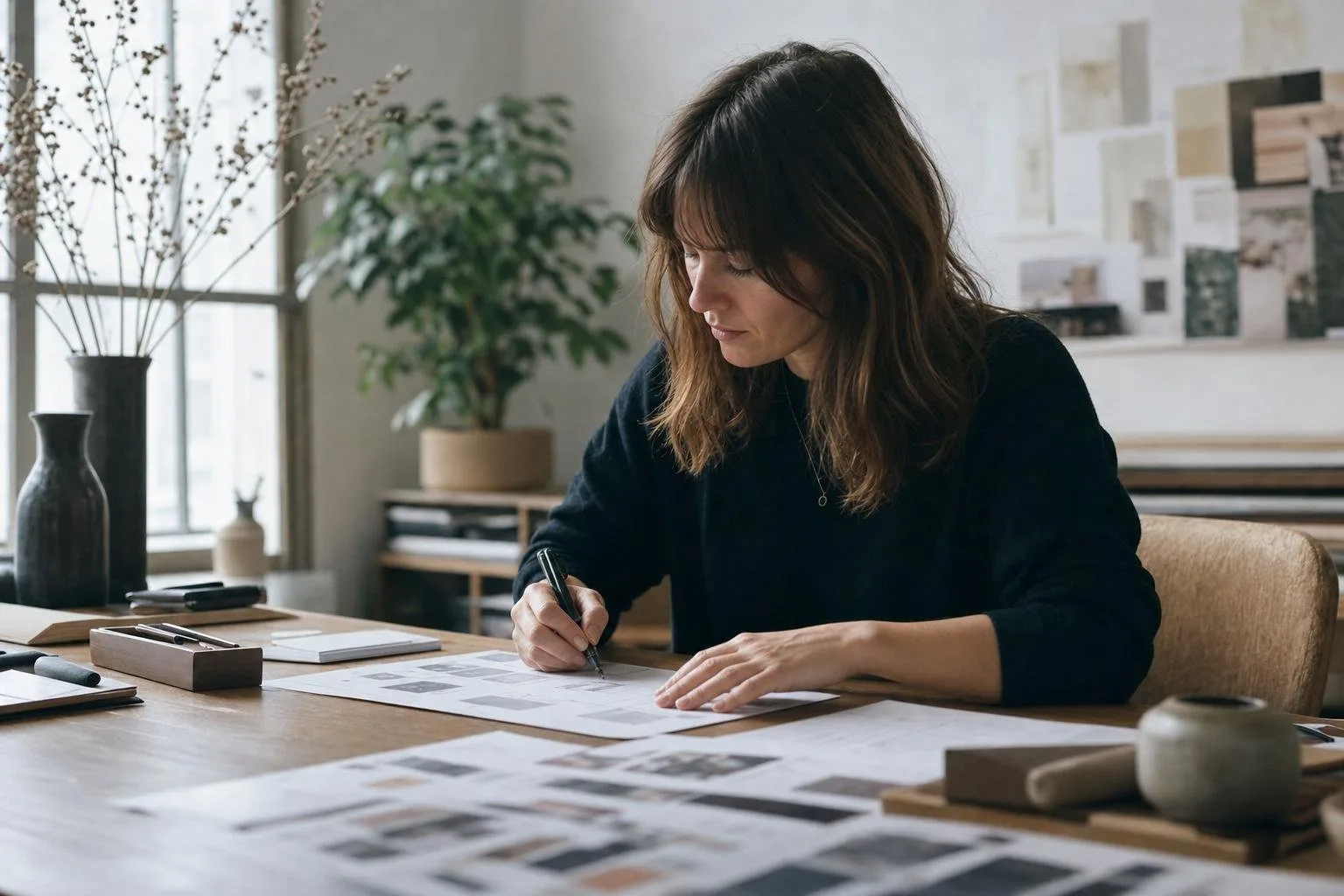 Design tokens and component specs laid out on a studio desk with a laptop and soft window light