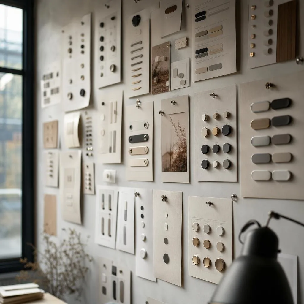 An interface inventory of buttons and components pinned across a studio wall