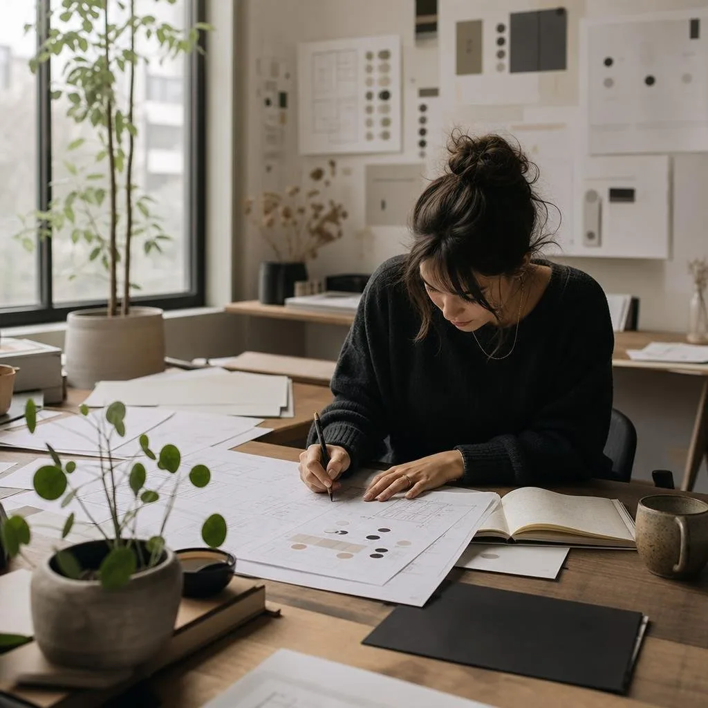 Calm, minimal design studio with component sketches, plants, and natural light